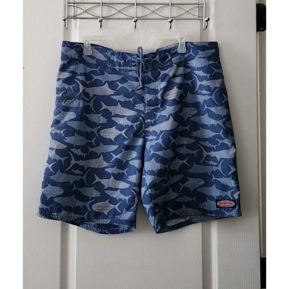 Vineyard Vines Mens Board Shorts Swim Trunks Shark Ocean Fish Print Blue Logo 36
